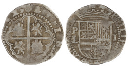 Moneda virreinal. Felipe II. 1 Real. 1576 a 1578. L (López Barriales) Sobre M (Desconocido). Potosí. Ag. 3,31 g. Cal-240. MBC+. Muy Rara y más así. Sa...