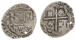 Moneda virreinal. Felipe II. 1 Real. Sin fecha (1593 a 1595). RL (Baltasar Ramos Leceta). Potosí. Ag. 3,20 g. Cal-237. MBC-. Perforada. Rara. Salida: ...