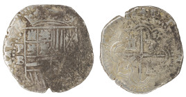 Moneda virreinal. Felipe II. 2 Reales. Posterior a 1578. B (Ballesteros). Potosí. Ag. 6,72 g. Cal-370. MBC-. Oxidaciones. Salida: 35