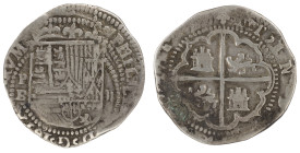 Moneda virreinal. Felipe II. 2 Reales. S/F – Ballesteros 1º periodo 1578-1580. B (Ballesteros). Potosí. Ag. 6,35 g. Cal-370. MBC. Leyenda separadas po...