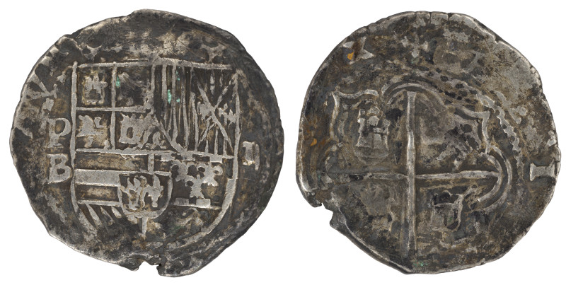 Moneda virreinal. Felipe II. 2 Reales. Sin fecha. B (Ballesteros). Potosí. Ag. 6...