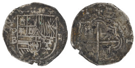 Moneda virreinal. Felipe II. 2 Reales. Sin fecha. B (Ballesteros). Potosí. Ag. 6,53 g. Cal-370. MBC-. Oxidaciones. Salida: 45