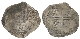 Moneda virreinal. Felipe II o III. 2 Reales. S/F ¿B o RL?. Potosí. Ag. 6,79 g. MBC-. Oxidaciones fuertes. Salida: 30