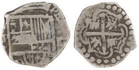 Moneda virreinal. Felipe III o IV. 1 Real. 1618 a 1639. T (Tapia). Potosí. Ag. 3,08 g. BC+. Ensayador parcialmente visible. Salida: 45