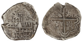 Moneda virreinal. Felipe III o IV. 2 Reales. Anterior a 1650. Ensayador no visible. Potosí. Ag. 6,42 g. MBC-. Salida: 20