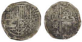 Moneda virreinal. Felipe III o IV. 8 Reales. Anterior a 1629. T (Tapia). Potosí. Ag. 27,14 g. Cal-Tipo 279. MBC. Cuarteles traspuestos (León y Castill...