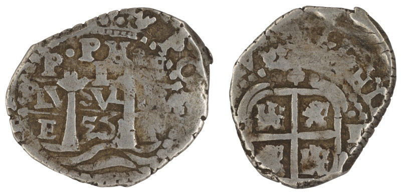 Moneda virreinal. Felipe IV. 1 Real. 1653. E (Antonio de Ergueta). Potosí. Ag. 3...