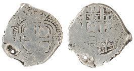Moneda virreinal. Felipe IV. 1 Real. 1664. E (Antonio de Ergueta). Potosí. Ag. 4,05 g. Cal-766. MBC-. Limpiada y doble perforación. Salida: 10