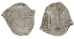 Moneda virreinal. Felipe IV o Carlos II. 1 Real. Fecha no visible. E (Antonio de Ergueta). Potosí. Ag. 2,32 g. MBC-. Salida: 25