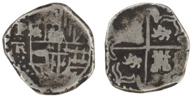 Moneda virreinal. Felipe IV. 2 Reales. 1636 a 1640. TR (Pedro Treviño). Potosí. Ag. 5,65 g. Cal-Tipo 239. MBC-/BC+. Salida: 45