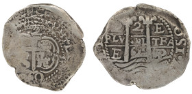 Moneda virreinal. Felipe IV. 2 Reales. 1660. E (Antonio de Ergueta). Potosí. Ag. 6,08 g. Cal-Tipo 248. MBC+. Triple ensayador, doble valor y Nombre de...