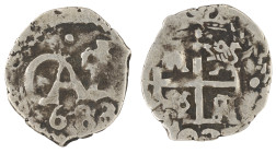 Moneda virreinal. Carlos II. ½ Real. 1683. V (Pedro de Villar). Potosí. Ag. 0,82 g. Cal-172. MBC/MBC-. Fecha visible. Recortada. Salida: 10