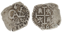Moneda virreinal. Carlos II. ½ Real. 1686. VR (Pedro de Villar). Potosí. Ag. 1,41 g. Cal-175. MBC-. Doble fecha. Salida: 25
