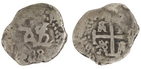 Moneda virreinal. Carlos II. ½ Real. 1688. VR (Pedro de Villar). Potosí. Ag. 1,89 g. Cal-177. MBC-. Fecha parcialmente visible. Salida: 15