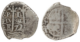 Moneda virreinal. Carlos II. 1 Real. 1672. E (Antonio de Ergueta). Potosí. Ag. 3,39 g. Cal-256. MBC/BC-. Marca de ceca, ensayador y fecha visible. Sal...