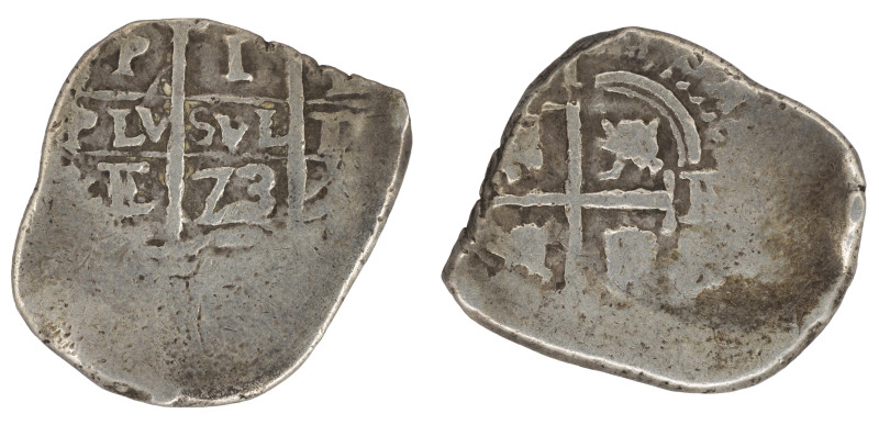 Moneda virreinal. Carlos II. 1 Real. 1673. E (Antonio de Ergueta). Potosí. Ag. 3...