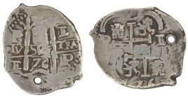 Moneda virreinal. Carlos II. 2 Reales. 1676. E (Antonio de Ergueta). Potosí. Ag. 4,35 g. Cal-398. MBC. Doble fecha y triple ensayador. Perforada. Sali...