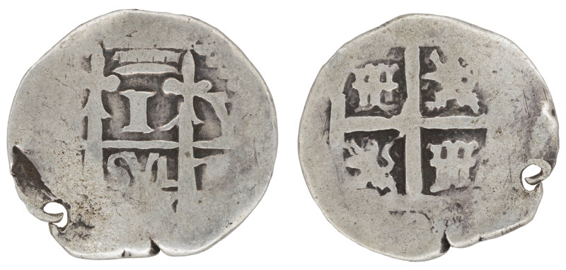 Moneda virreinal. Felipe V. 1 Real. Fecha no visible. Y (Diego Ybarbouru). Potos...