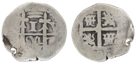 Moneda virreinal. Felipe V. 1 Real. Fecha no visible. Y (Diego Ybarbouru). Potosí. Ag. 2,21 g. Cal-Tipo 82. BC-. Perforada. Salida: 10