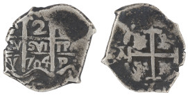 Moneda virreinal. Felipe V. 2 Reales. 1704. Y (Diego Ybarbouru). Potosí. Ag. 6,69 g. Cal-879. MBC/BC-. Fecha, doble ensayador y una marca de ceca. Sal...