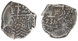 Moneda virreinal. Felipe V. 2 Reales. 1736. E (Antonio de Ergueta). Potosí. Ag. 6,04 g. Cal-913. MBC-. Doble fecha. Salida: 60