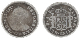 Moneda virreinal. Carlos III. ½ Real. 1773. J.R (José de Vargas y Flor y Raimundo de Yturriaga). Potosí. Anv: Busto de Carlos III mirando hacia la der...