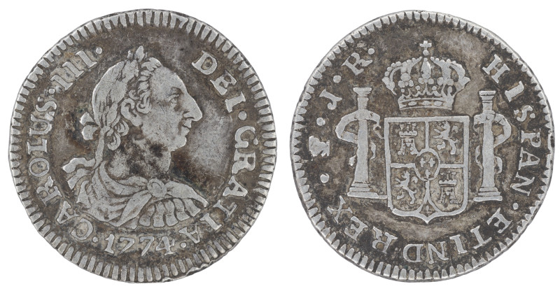 Moneda virreinal. Carlos III. ½ Real. 1774. J.R (José de Vargas y Flor y Raimund...
