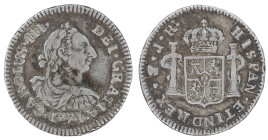 Moneda virreinal. Carlos III. ½ Real. 1774. J.R (José de Vargas y Flor y Raimundo de Yturriaga). Potosí. Anv: Busto de Carlos III mirando hacia la der...