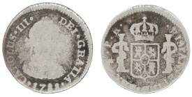 Moneda virreinal. Carlos III. ½ Real. 1782. P.R (Pedro de Mazondo y Raimundo de Yturriaga). Potosí. Anv: Busto de Carlos III mirando hacia la derecha;...