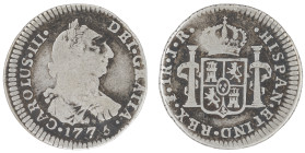 Moneda virreinal. Carlos III. 1 Real. 1775. J.R (José de Vargas y Flor y Raimundo de Yturriaga). Potosí. Anv: Busto de Carlos III mirando hacia la der...