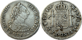 Moneda virreinal. Carlos III. 1 Real. 1785. P.R (Pedro de Mazondo y Raimundo de Yturriaga). Potosí. Anv: Busto de Carlos III mirando hacia la derecha;...
