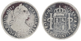Moneda virreinal. Carlos III. 1 Real. 1788. P.R (Pedro de Mazondo y Raimundo de Yturriaga). Potosí. Anv: Busto de Carlos III mirando hacia la derecha;...