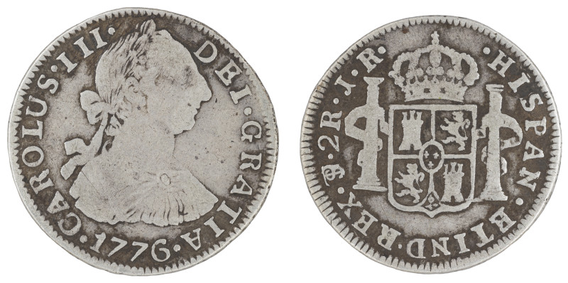 Moneda virreinal. Carlos III. 2 Reales. 1776. J.R (José de Vargas y Flor y Raimu...