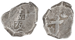 Moneda virreinal. Carlos III. 4 Reales. 1765. VY (José de Vargas y Flor y Raimundo de Yturriaga). Potosí. Ag. 10,97 g. Cal-909. MBC-. Fecha parcialmen...