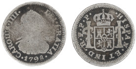 Moneda virreinal. Carlos IV. ½ Real. 1798. P.P (Pedro P. de Esquerrenea y Juan Palomo Sierra). Potosí. Anv: Busto de Carlos IV mirando hacia la derech...