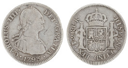 Moneda virreinal. Carlos IV. 2 Reales. 1793. P.R (Pedro de Mazondo y Raimundo de Yturriaga). Potosí. Anv: Busto de Carlos IV mirando hacia la derecha;...