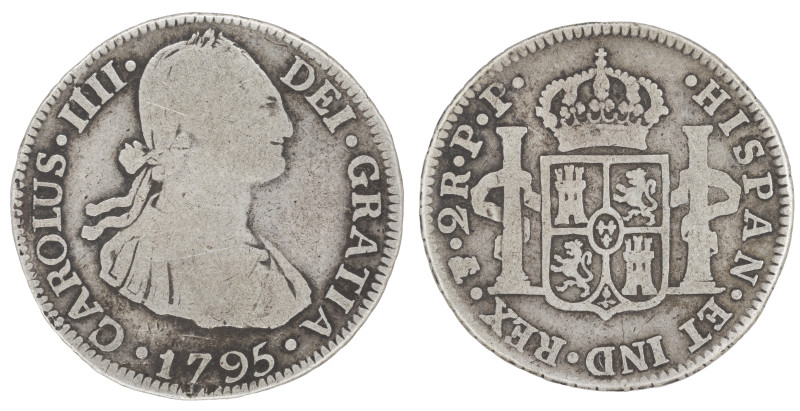 Moneda virreinal. Carlos IV. 2 Reales. 1795. P.P (Pedro P. de Esquerrenea y Juan...