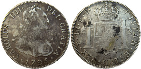 Moneda virreinal. Carlos IV. 4 Reales . 1795. P.P (Pedro P. de Esquerrenea y Juan Palomo Sierra). Potosí. Anv: Busto de Carlos IV mirando hacia la der...