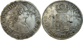 Moneda virreinal. Carlos IV. 4 Reales . 1796. P.P (Pedro P. de Esquerrenea y Juan Palomo Sierra). Potosí. Anv: Busto de Carlos IV mirando hacia la der...