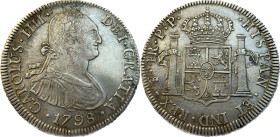 Moneda virreinal. Carlos IV. 4 Reales . 1798. P.P (Pedro P. de Esquerrenea y Juan Palomo Sierra). Potosí. Anv: Busto de Carlos IV mirando hacia la der...