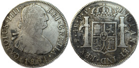 Moneda virreinal. Carlos IV. 4 Reales. 1801. P.P (Pedro P. de Esquerrenea y Juan Palomo Sierra). Potosí. Anv: Busto de Carlos IV mirando hacia la dere...
