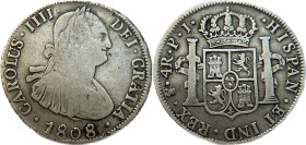 Moneda virreinal. Carlos IV. 4 Reales. 1808. P.J (Pedro Martin de Albizu y Juan Palomo Sierra). Potosí. Anv: Busto de Carlos IV mirando hacia la derec...