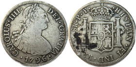 Moneda virreinal. Carlos IV. 8 Reales.1796. P.P (Pedro P. de Esquerrenea y Juan Palomo Sierra). Potosí. Anv: Busto de Carlos IV mirando hacia la derec...