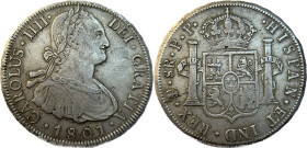 Moneda virreinal. Carlos IV. 8 Reales.1801. P.P (Pedro P. de Esquerrenea y Juan Palomo Sierra). Potosí. Anv: Busto de Carlos IV mirando hacia la derec...