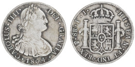 Moneda virreinal. Carlos IV. 8 Reales.1804. P.J (Pedro Martin de Albizu y Juan Palomo Sierra). Potosí. Anv: Busto de Carlos IV mirando hacia la derech...