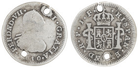 Moneda virreinal. Fernando VII. ½ Real. 1810. J.F. Popayán. Anv: Busto de Carlos IV mirando hacia la derecha; FERDIN · VII · DEI · GRATIA · 1810 // Re...