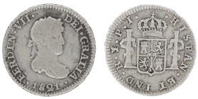 Moneda virreinal. Fernando VII. ½ Real. 1821. P.J (Pedro Martin de Albizu y Juan Palomo Sierra). Potosí. Anv: Busto de Fernando VII mirando hacia la d...