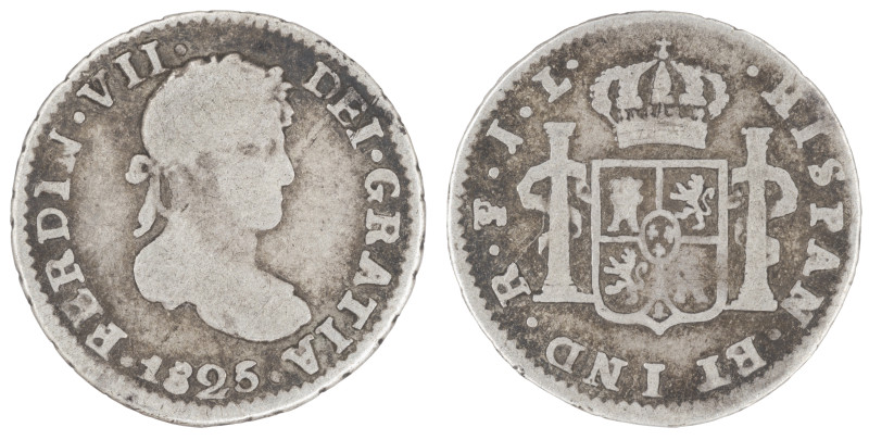 Moneda virreinal. Fernando VII. ½ Real. 1825. J.L (José Antonio de Sierra y Lean...