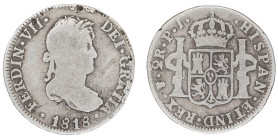 Moneda virreinal. Fernando VII. 2 Reales. 1818. P.J (Pedro Martin de Albizu y Juan Palomo Sierra). Potosí. Anv: Busto de Fernando VII mirando hacia la...