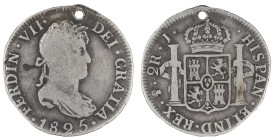 Moneda virreinal. Fernando VII. 2 Reales. 1825. J (José Antonio de Sierra). Potosí. Anv: Busto de Fernando VII mirando hacia la derecha; FERDIN · VII ...